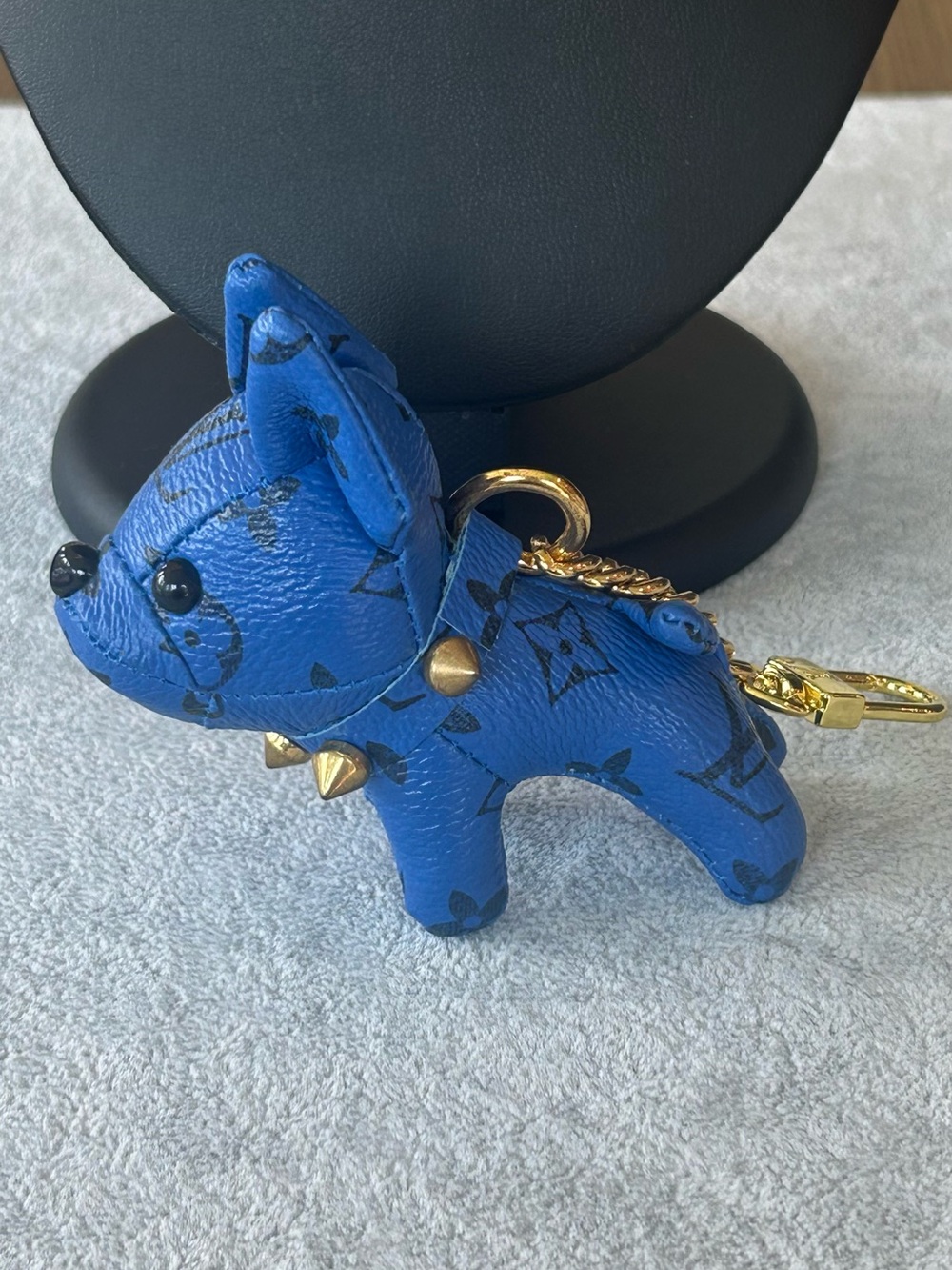 Blue Monogram Dog Key Charm with Gold Hardware